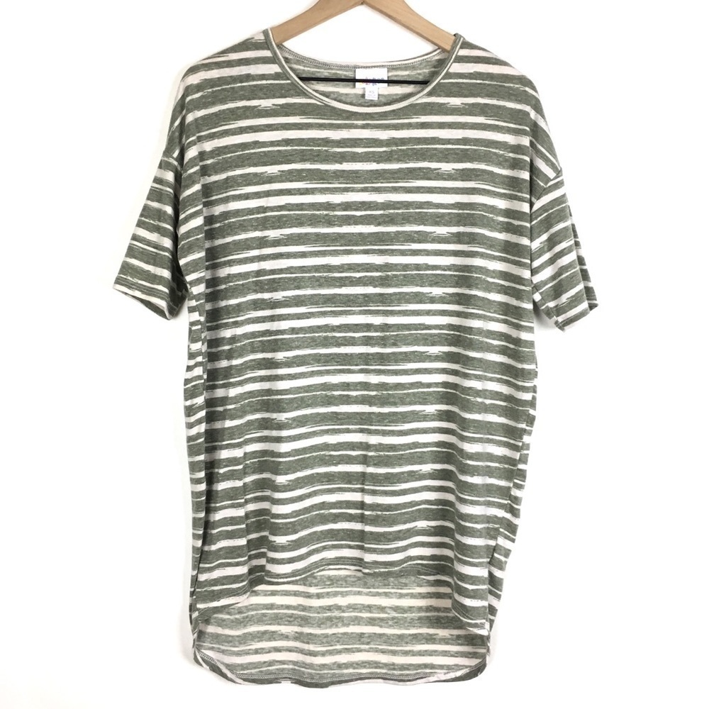 LULAROE Irma Tunic Top Stripe Oversized Loose Fit Green Cream Lagenlook Size XS